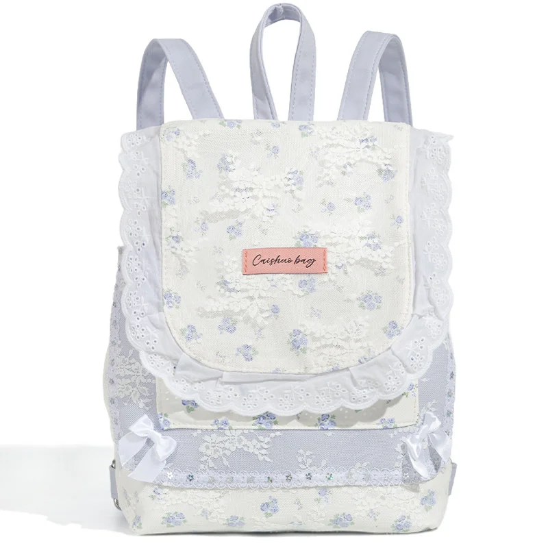 French Fresh Sweet Rustic Lolita Girl Bag Romantic Dreamy Purple Floral Ruffle Lace Embroidery Flower Cute Casual Backpack