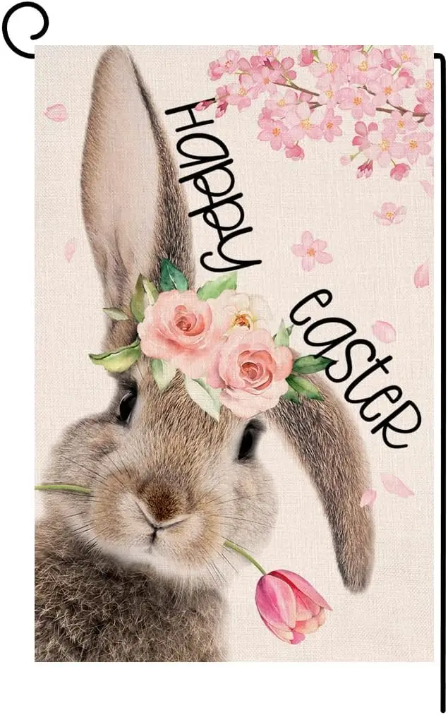 Easter Bunny Garden Flag 12x18 Vertical Double Sided Gray Rabbit Spring Floral Tulip Farmhouse Holiday Outside Decorations Burla