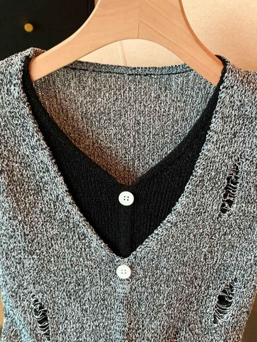 Feminino longo sve v-ne malhas borla design sensação início do outono cor blo buraco design auto-kee sle topo