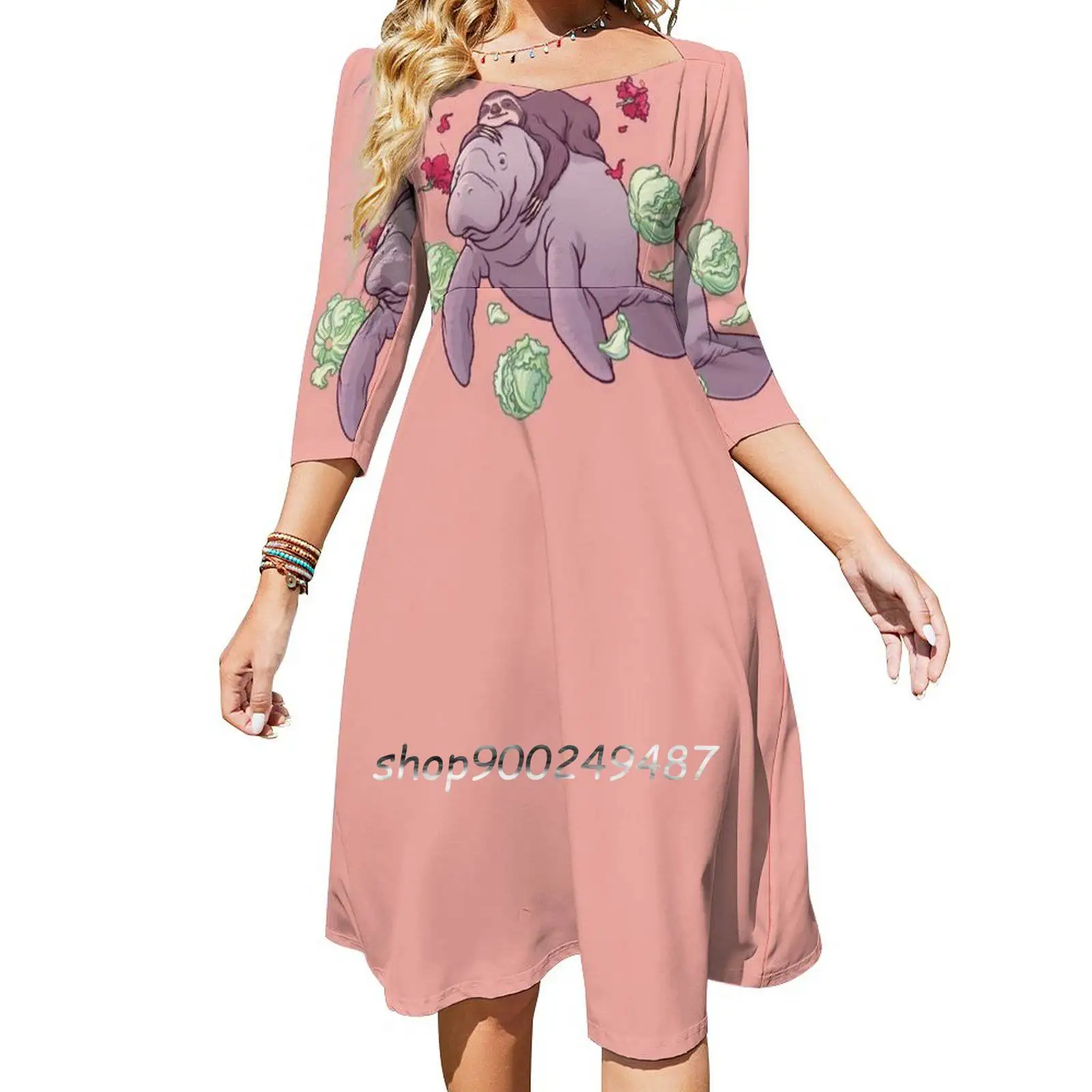 Spirit Animals Square Neck Dress Cute Loose Print Dresses Elegant Beach Party Dress Manatee Sloth Lettuce Hibiscus Cute Animals