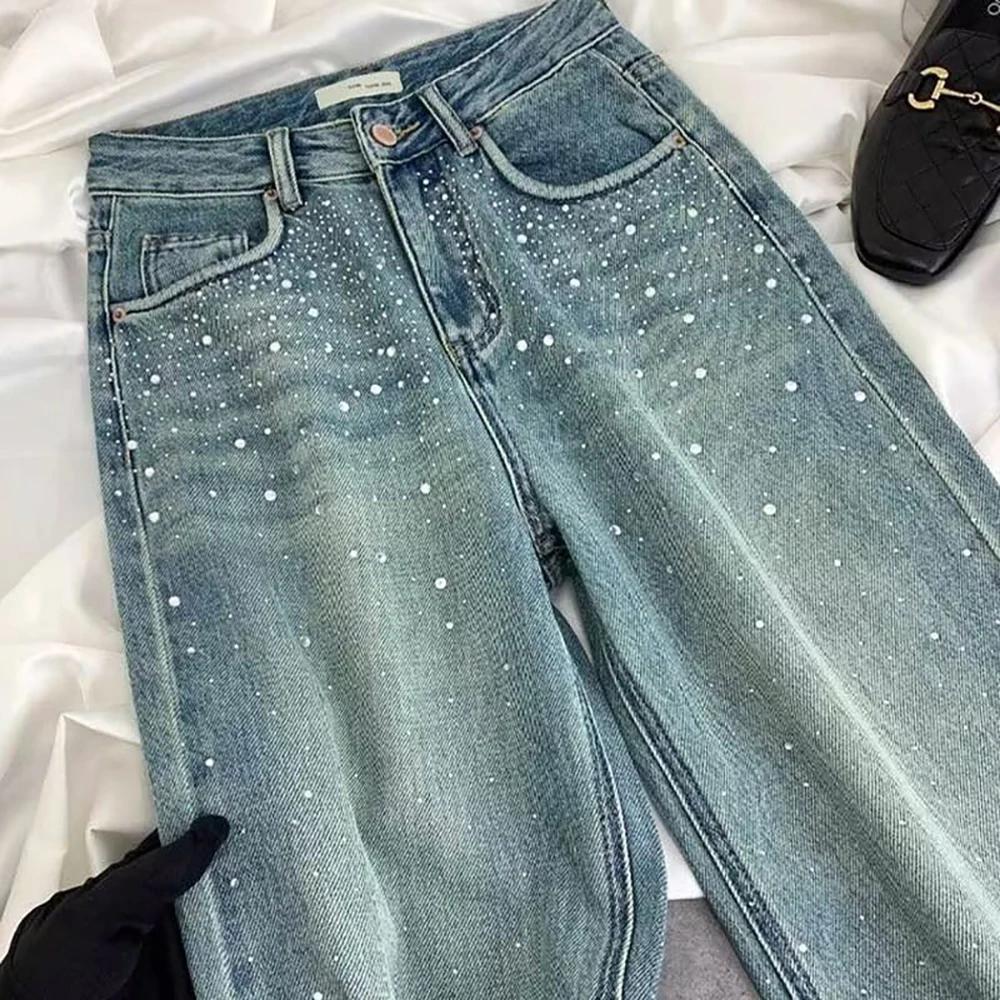 

Shiny Rivet Jeans for Women 2025 New High Waist Straight-Leg Slim Denim Pants Diamond-studded Washed Blue Jeans Female Trousers