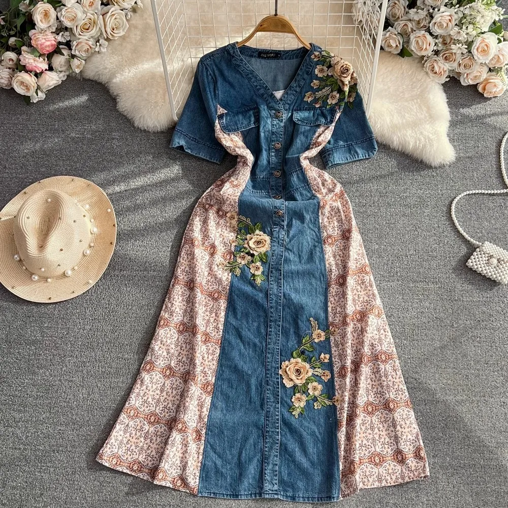 

2023 New Summer Women Print V Neck Single Breasted Short Sleeve Embroidery Chiffon Batchwork Fashion Elegant Casual Dresses