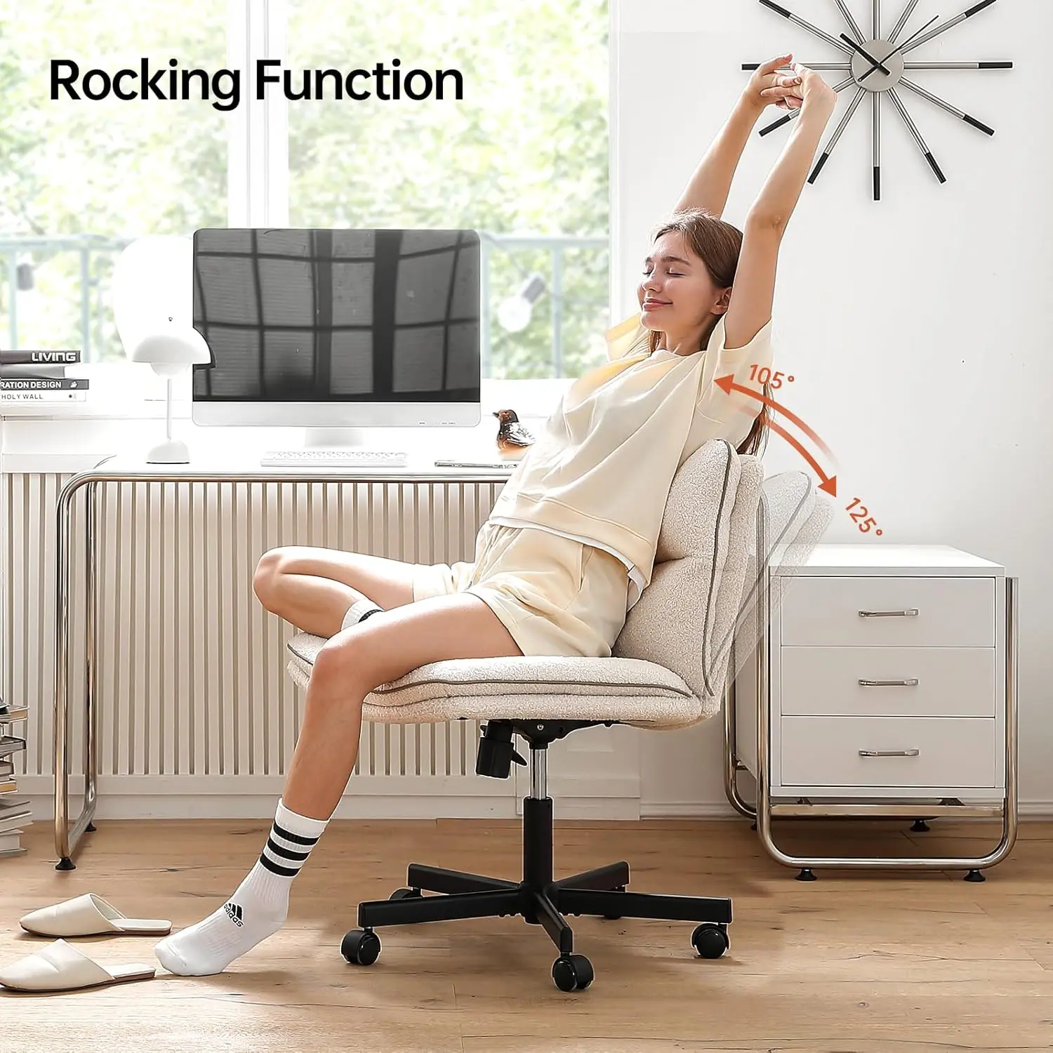 ArmlOffice 휠이 달린 인조 모피 책상 의자, 인체공학적 중간 등받이 조절 가능한 작업 의자, 편안한 회전식 컴퓨터 의자