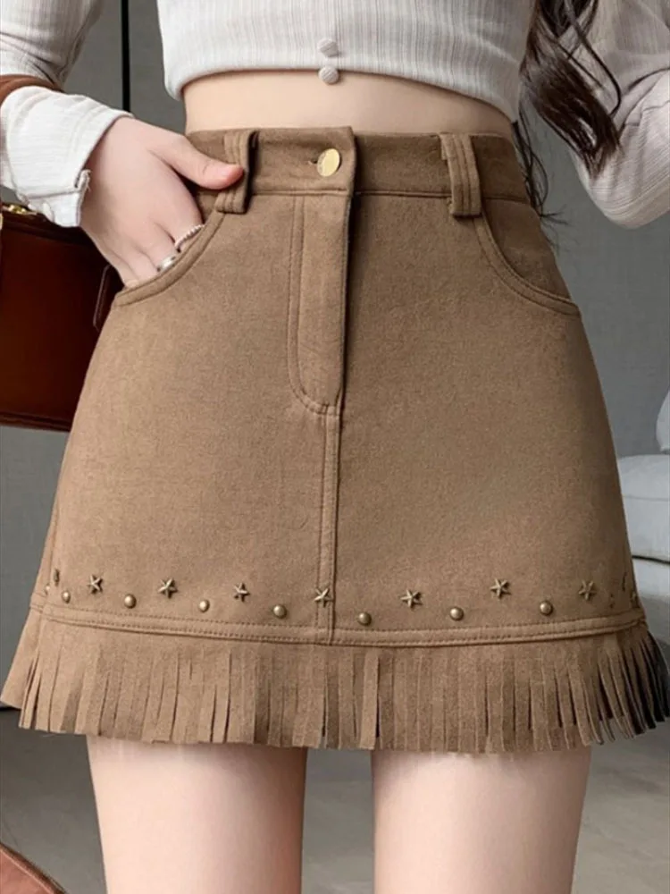 Fashion Autumn New Deer Skin Velvet Women Solid Tassel Zipper Pockets Patchwork Chic High Waist Slim A-line Hip Wrap Skirt 2025