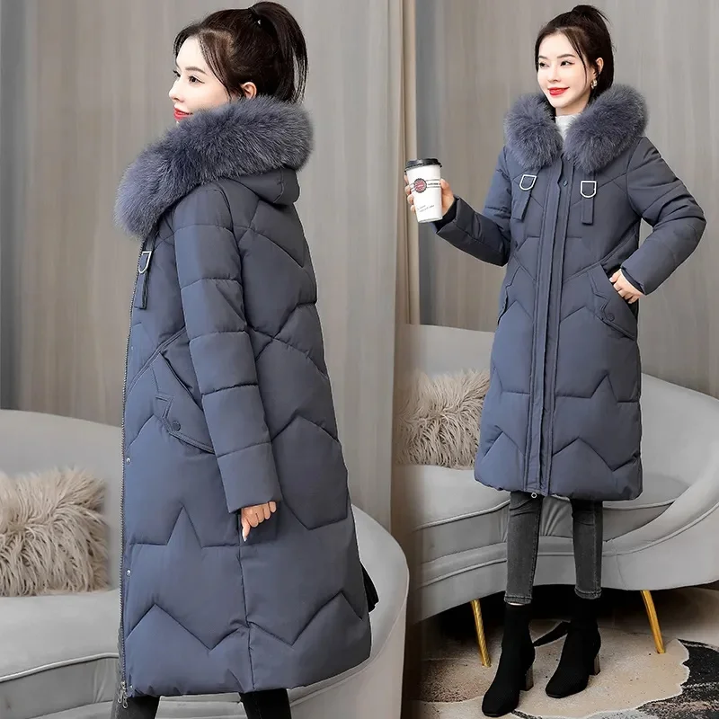 

2023 Korean Fashion Winter Jacket Women Puffer Parka Down Cotton Jacket Hooded Fur Collar Parkas Long Coat Female Outerwear