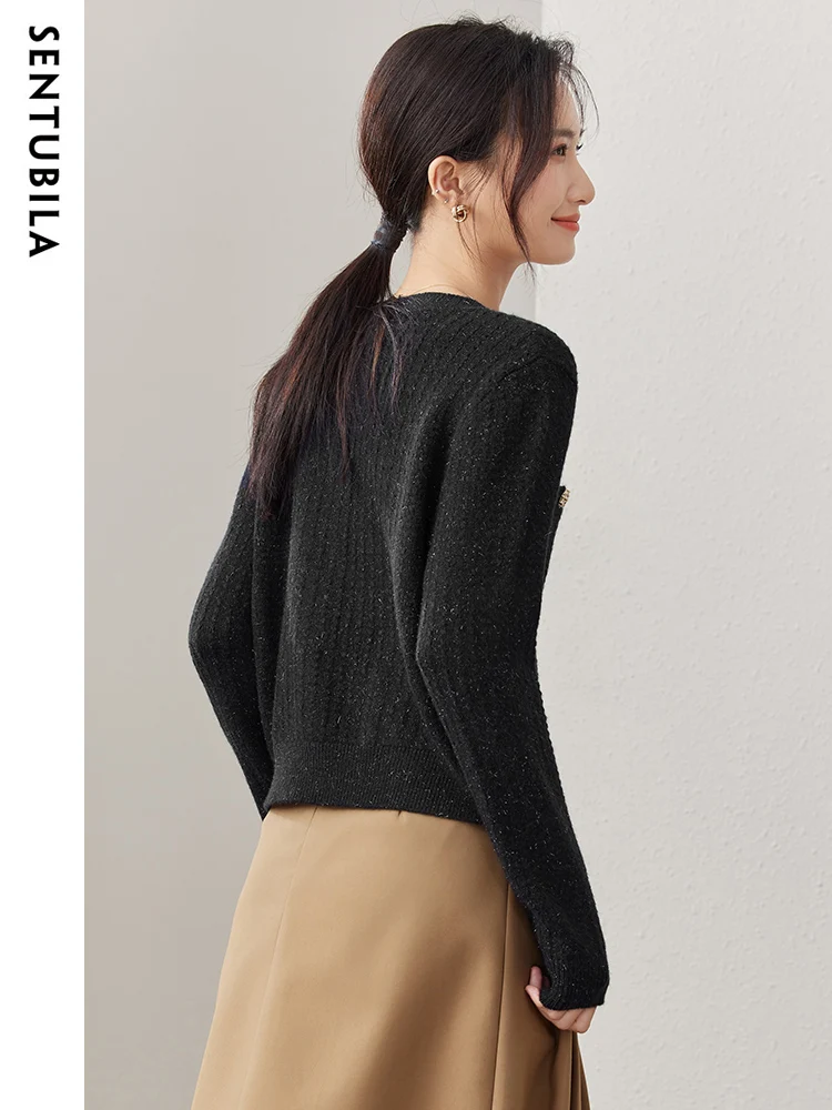 SENTUBILA Black Cardigan Knitwear for Women 2024 Fall Autumn Winter Knitted Sweater Long Sleeve Tops Elegant Round Neck Jumpers