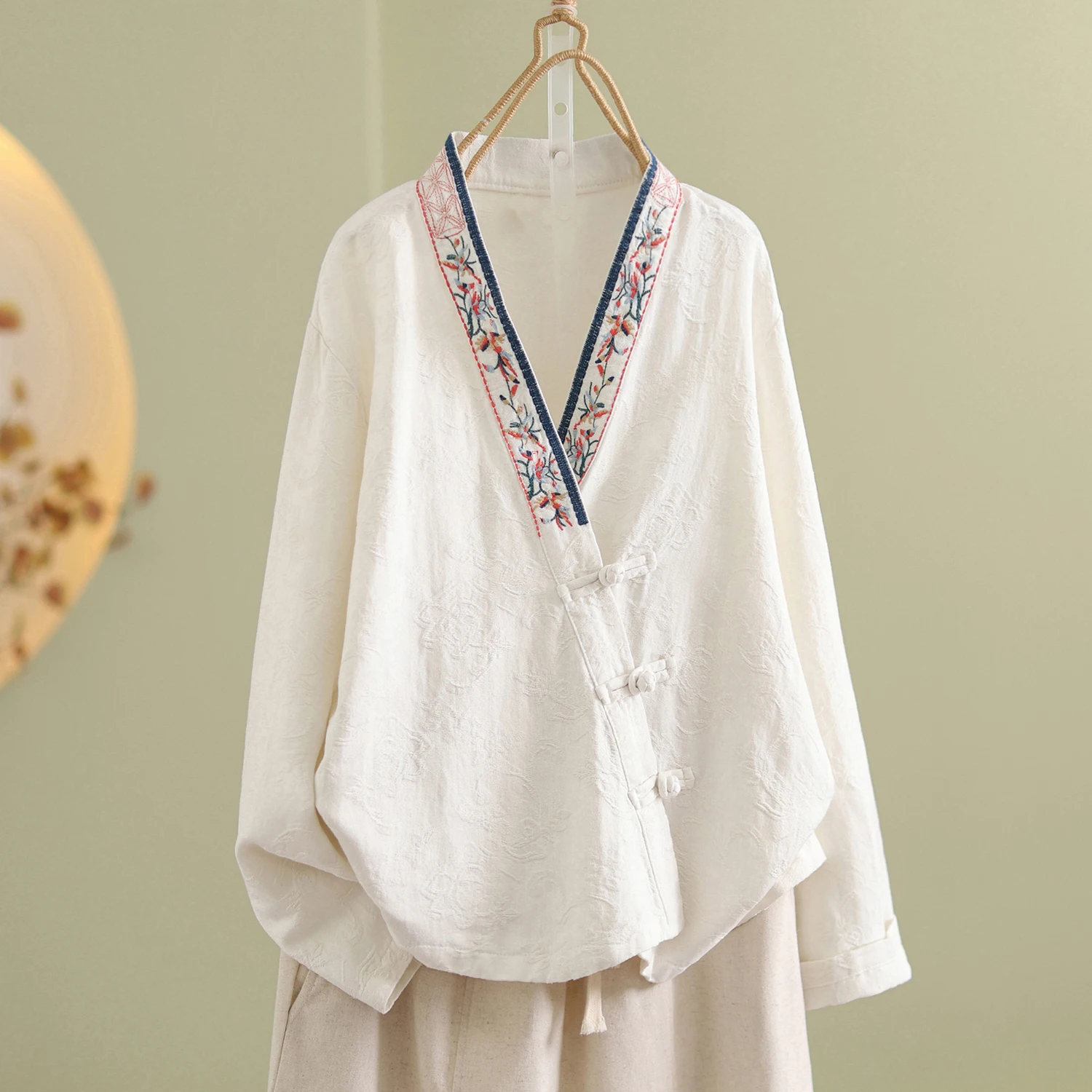 Retro Sle Oversized Women's Cotton Linen Embroidered irt Jaet Long Sve V-Ne Autumn Tea Ceremony Top Large Size