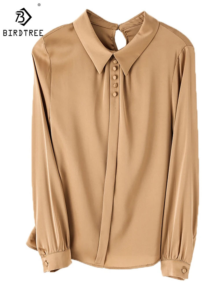 

Birdtree 91.8%Mulberry Silk Stretch Double Joe Shirt Solid Color Versatile Stand Collar Straight Long Sleeve Blouse T39213QD