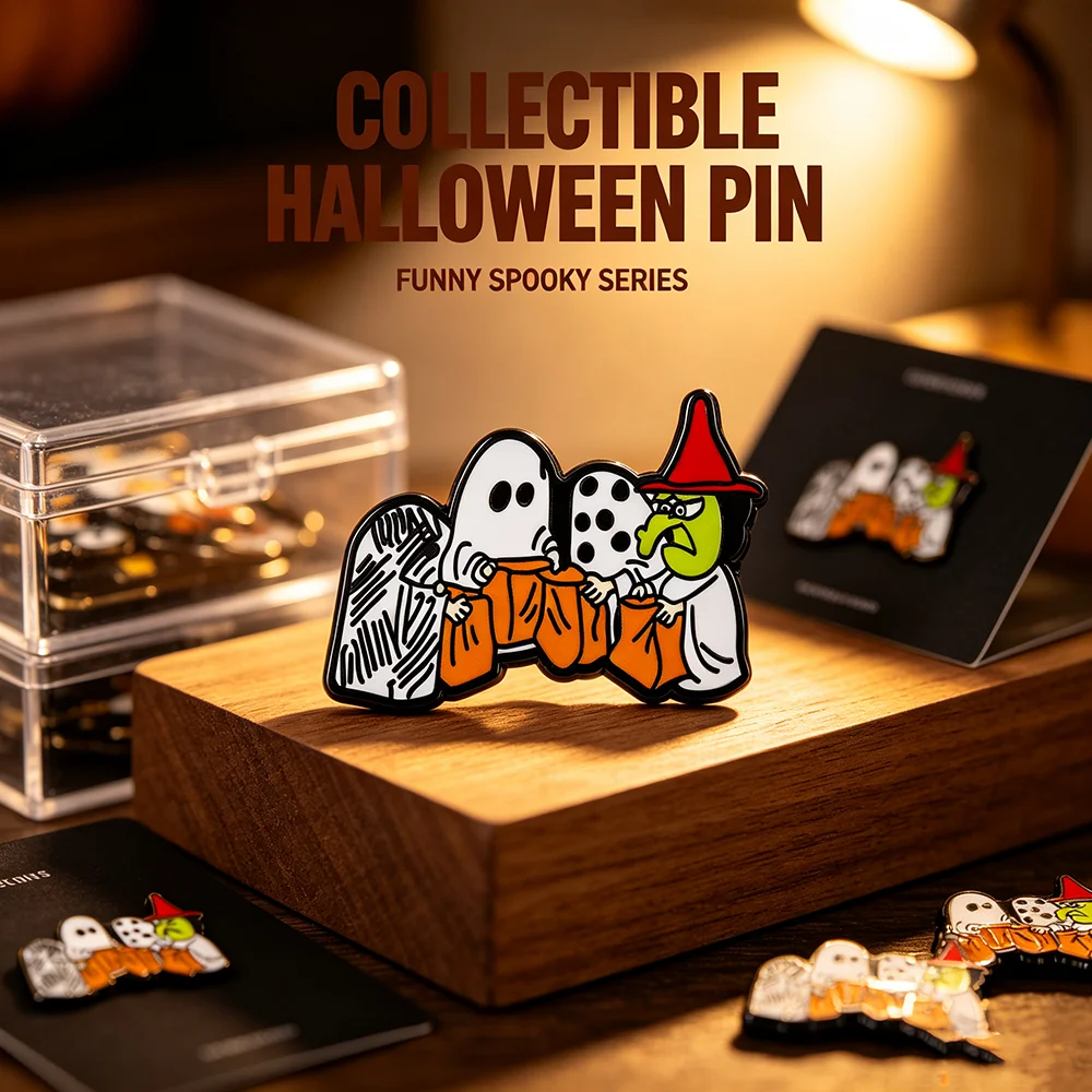 Lustige Kürbis-Geister-Emaille-Anstecknadeln „Trick or Treat“-Broschen Halloween-Party-Abzeichen Niedliche Cartoon-Tier-Hexen-Reversnadeln Großhandel – Detail 1