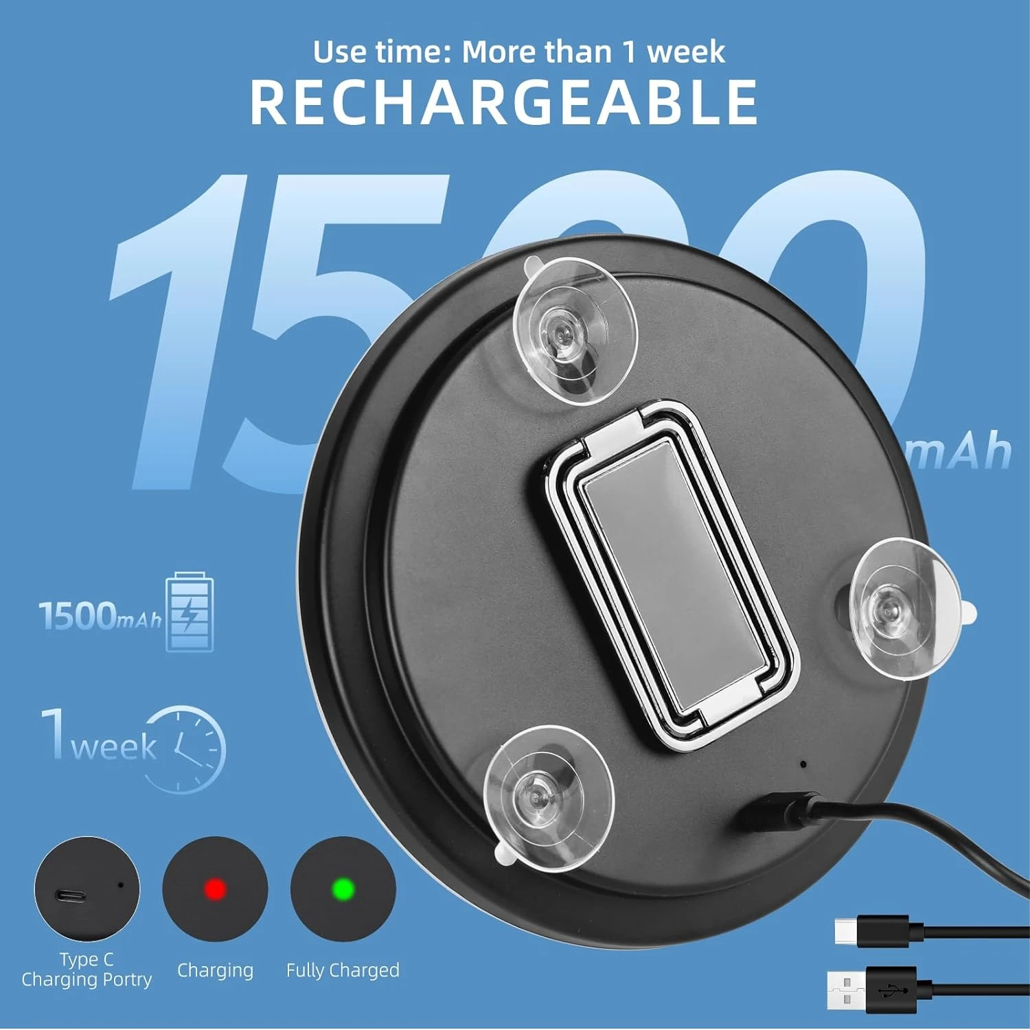 Espelho de maquiagem LED regulável portátil com ampliação 30X, recarregável, 3 modos de cor e 3 ventosas - com 360 °   Ta