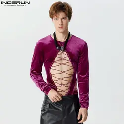 2024 Men Bodysuits Velour Hollow Out Solid Color O-neck Long Sleeve Sexy Rompers Men Streetwear Fashion Bodysuit S-3XL INCERUN