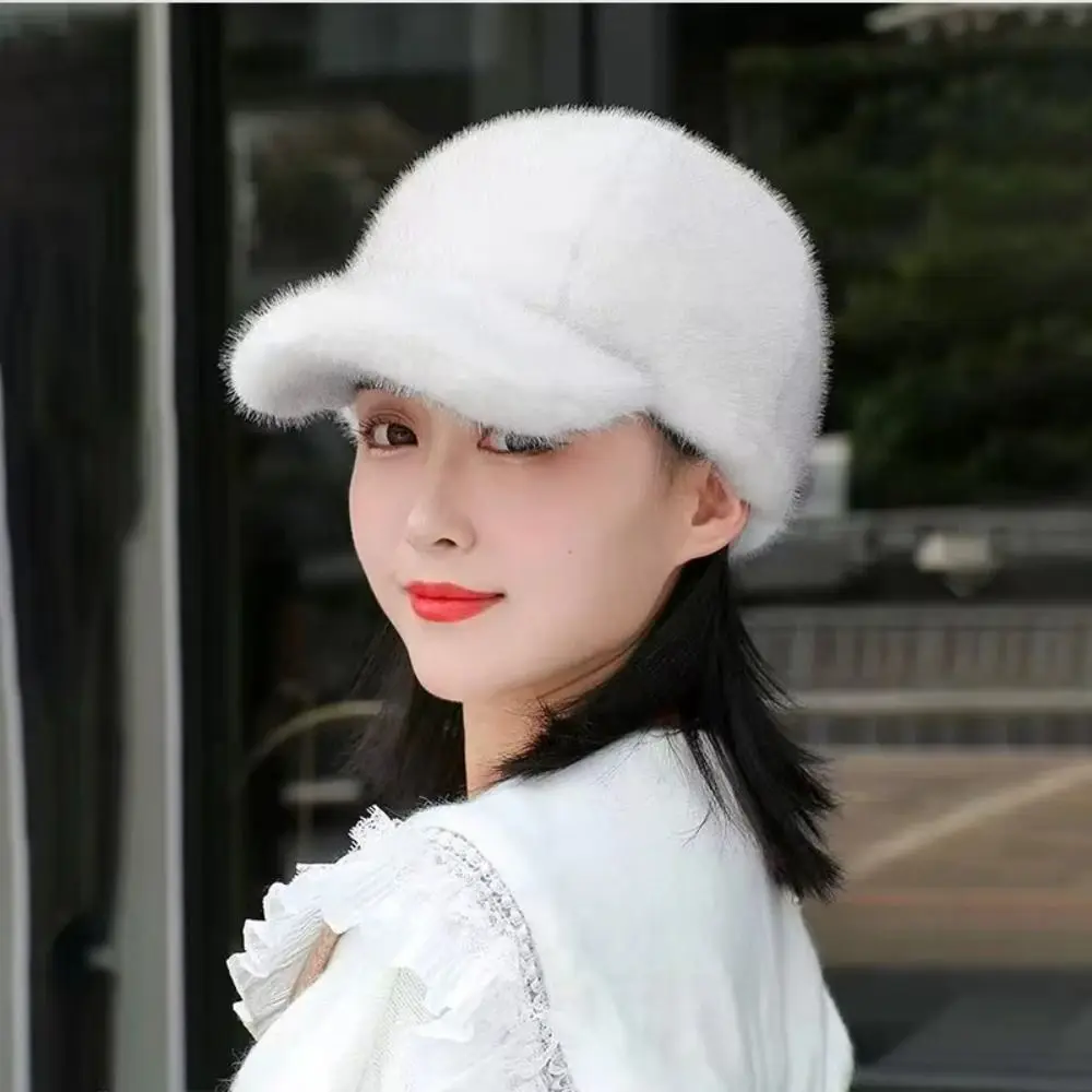 

Casual Solid Color Fluffy Baseball Hat Warm Thickened Faux Fur Duckbill Hat Soft All Match Warm Plush Hat Winter