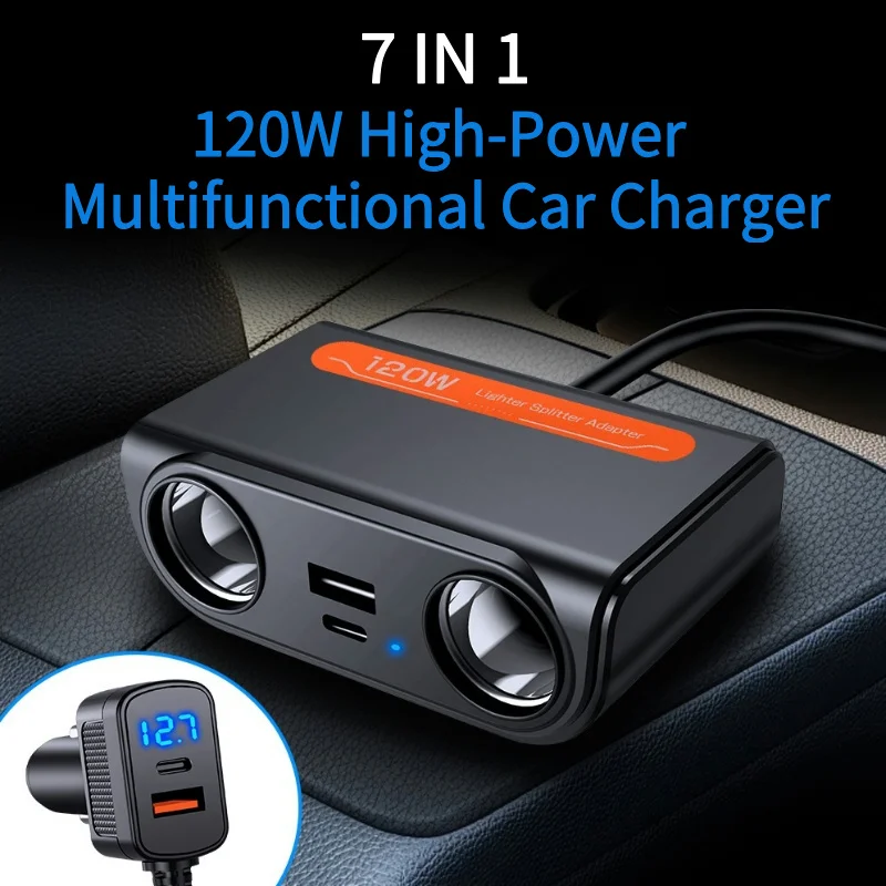 120W 12-24V Car Cigarette Lighter Splitter Adapter USB PD Power Socket With  LED Voltmeter Car Cigar Splitter Auto Accessories