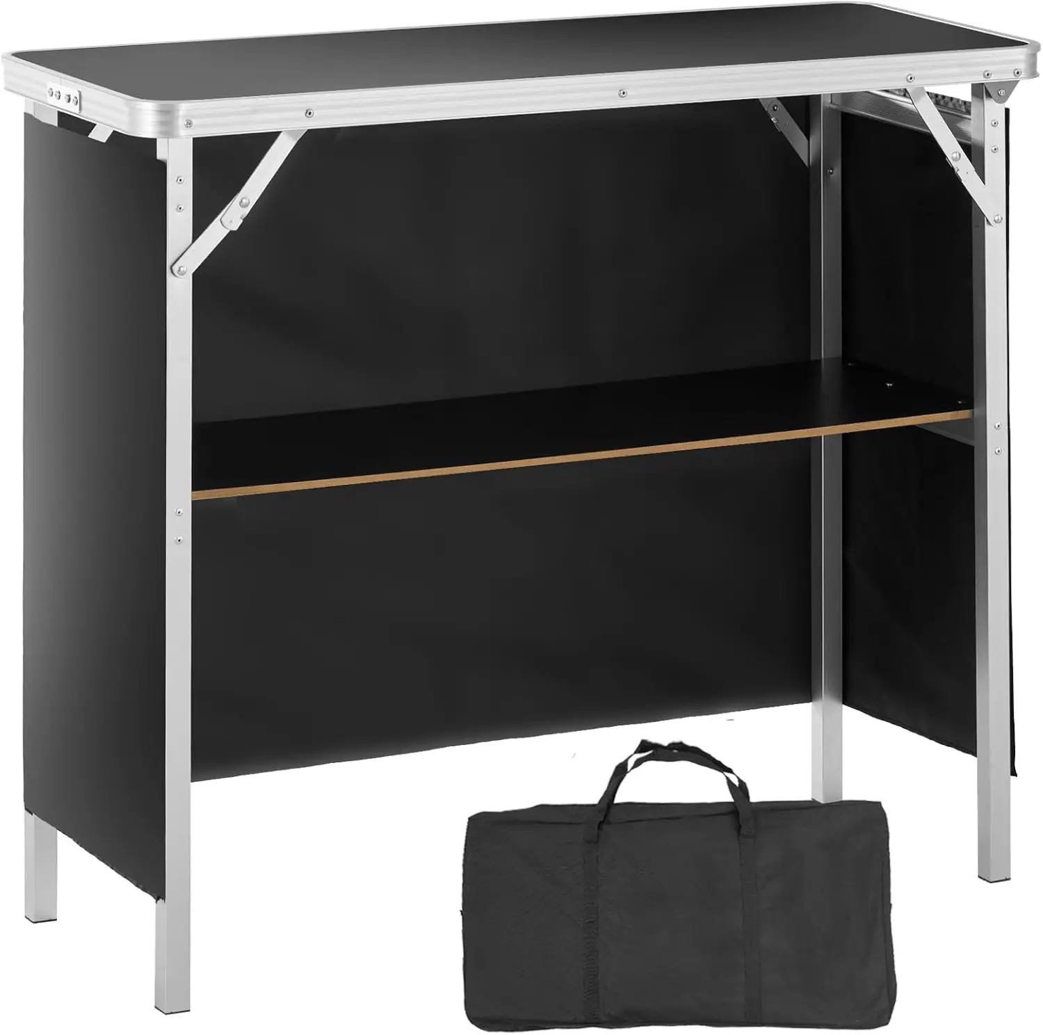 

Foldable Portable Bar Table with Carrying Case, Storage Shelf & Black Skirt for Indoor/Outdoor Events