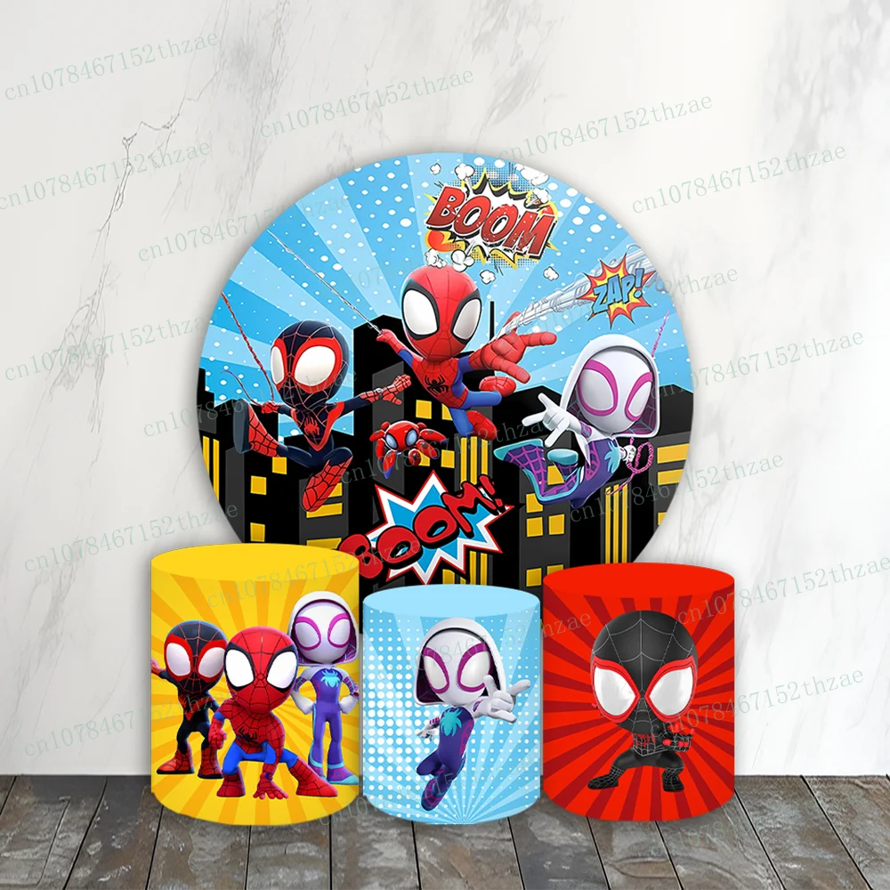 

Marvel Cartoon Spider Man Birthday Party Photo Backdrop Round&Cylinder Cover Photo Background Baby Shower Photography Backdrop