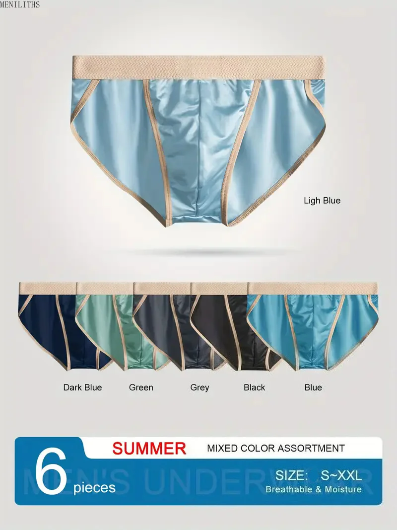 6pcs Men's Ice Silk Underwear High Luxury Satin Oil Gloss Cloth Large Size Briefs Loose Breathable Quick Drying Men Panties Gay
