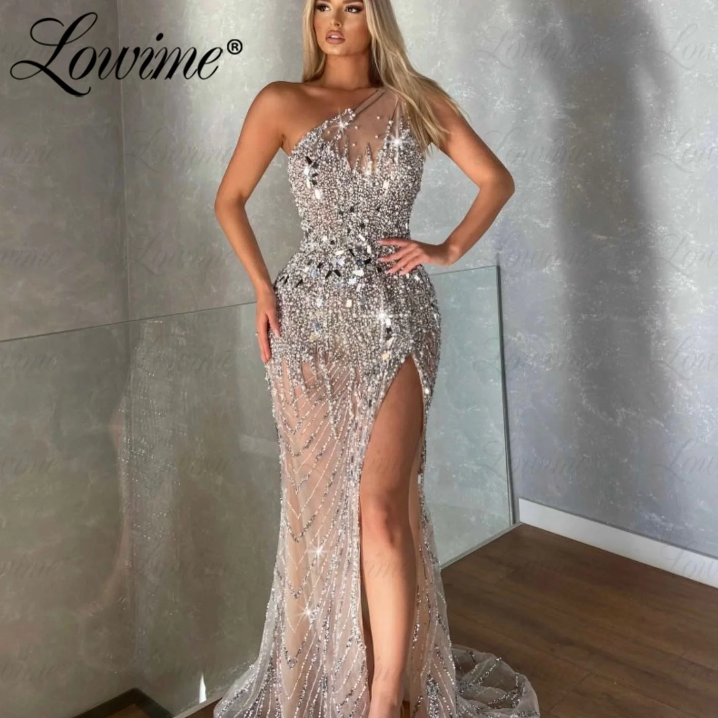 Couture Silver Long Dress Evening Gowns 2023 Beads Stones Handmade Crystals Long Split Luxury Celebrity Dress Prom Party Dresses