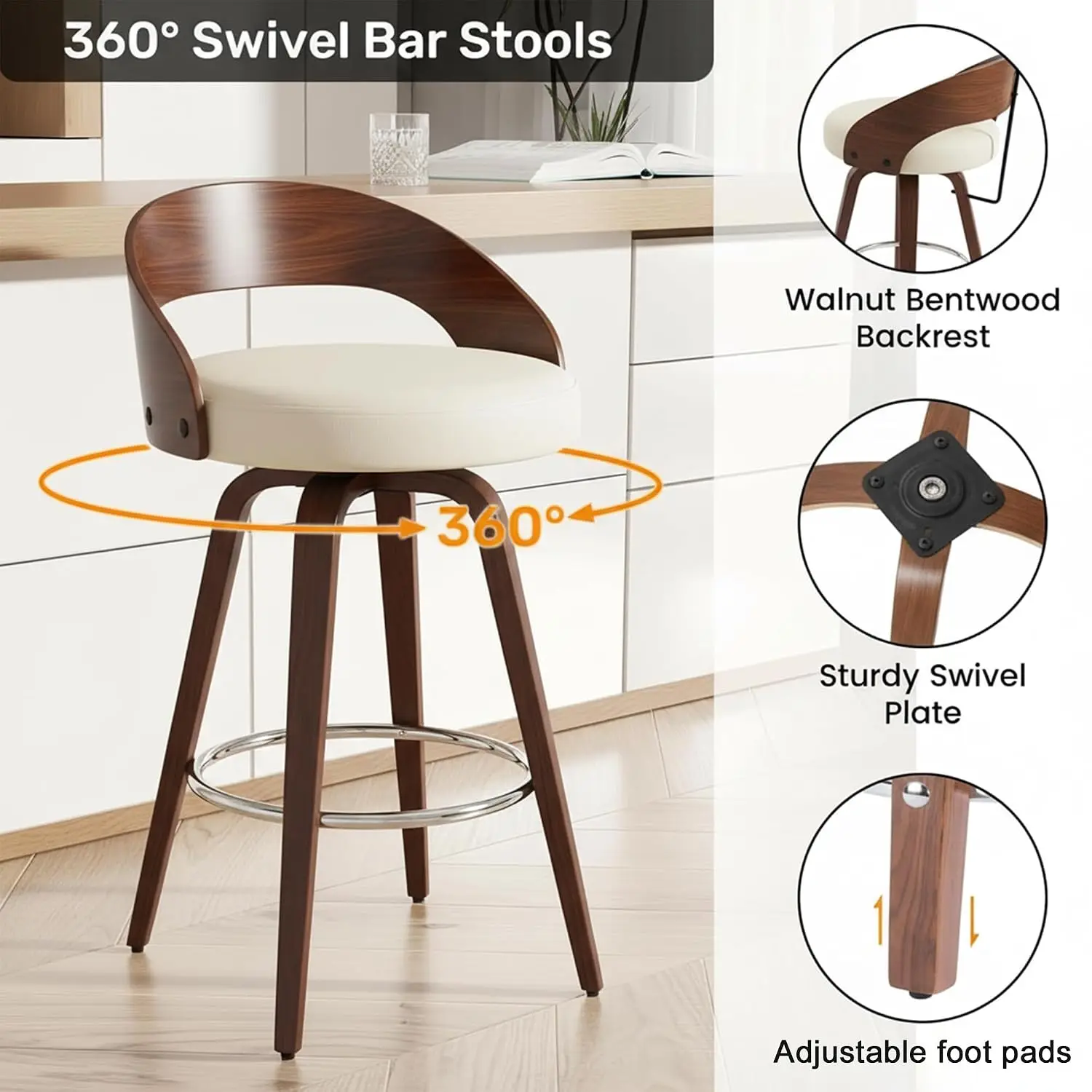 Mid Century Swivel Bar Stools Set of 6, 25" Faux Leather Counter Height Barstools with Walnut Back & Bentwood Legs, Customized - view 3