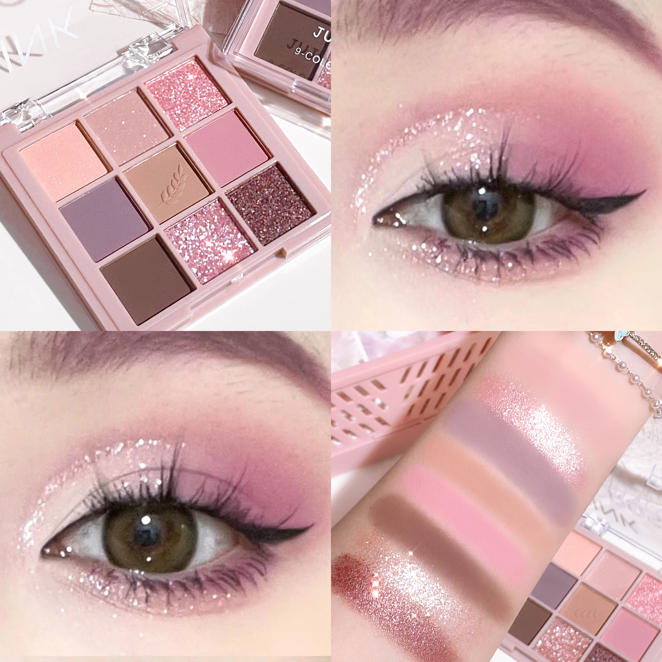 Rosa ahumada, nueve tonos de sombra de ojos, rosa gris, maquillaje ahumado, maquillaje iluminador de gusano de seda nacarado mate