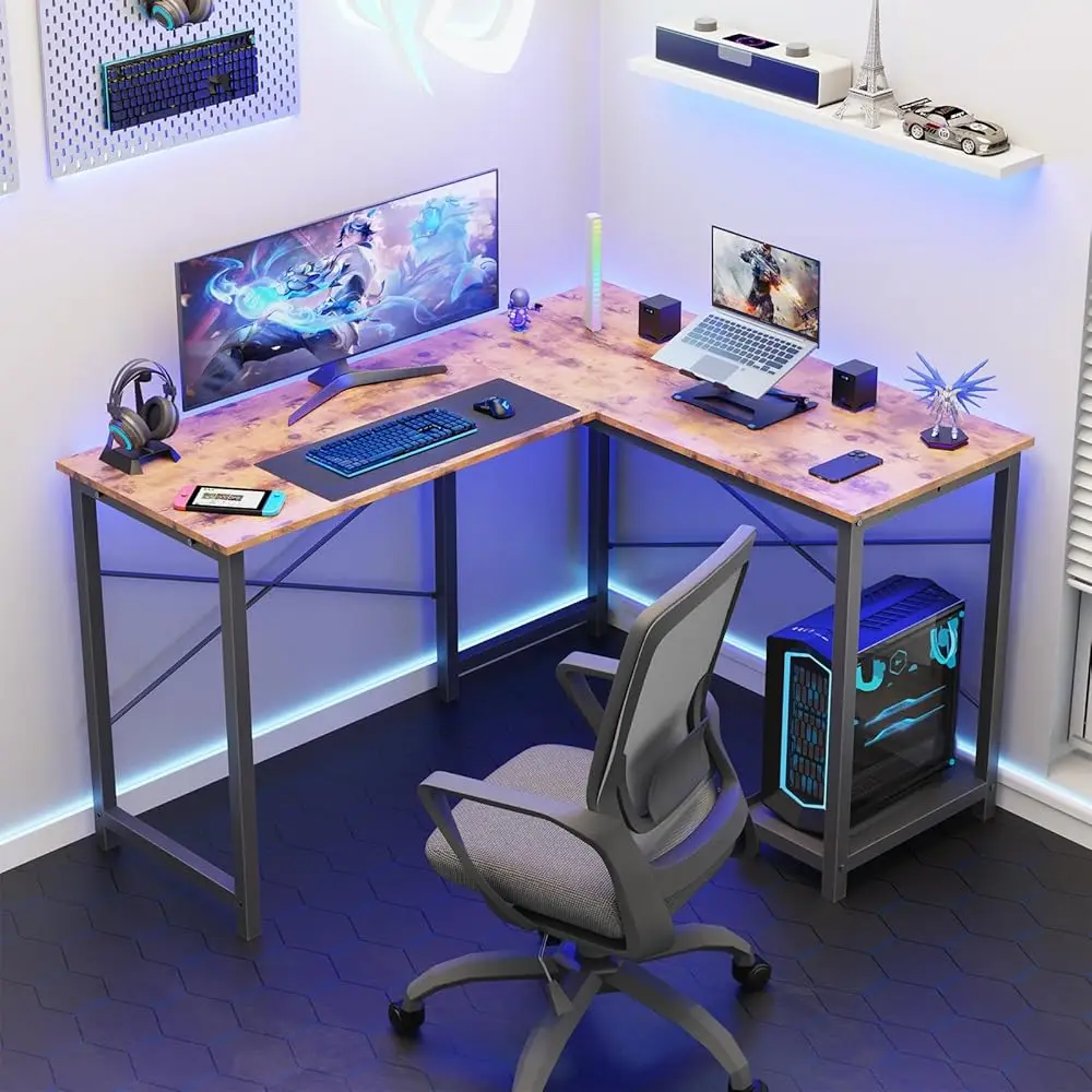 L Shaped Computer Desk Wood Corner Pc Gaming Table With Side Storage Bag For Home Office Small Spaces