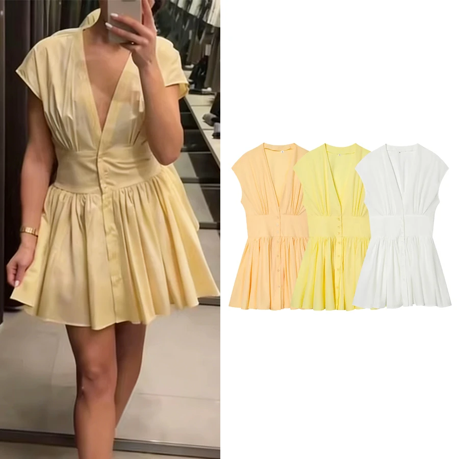 Damen Urlaubsparty Sexy Schickes Minikleid Ärmelloses V-Ausschnitt-Kleid mit Knöpfen Neue Mode Frühling Ausgehkleid