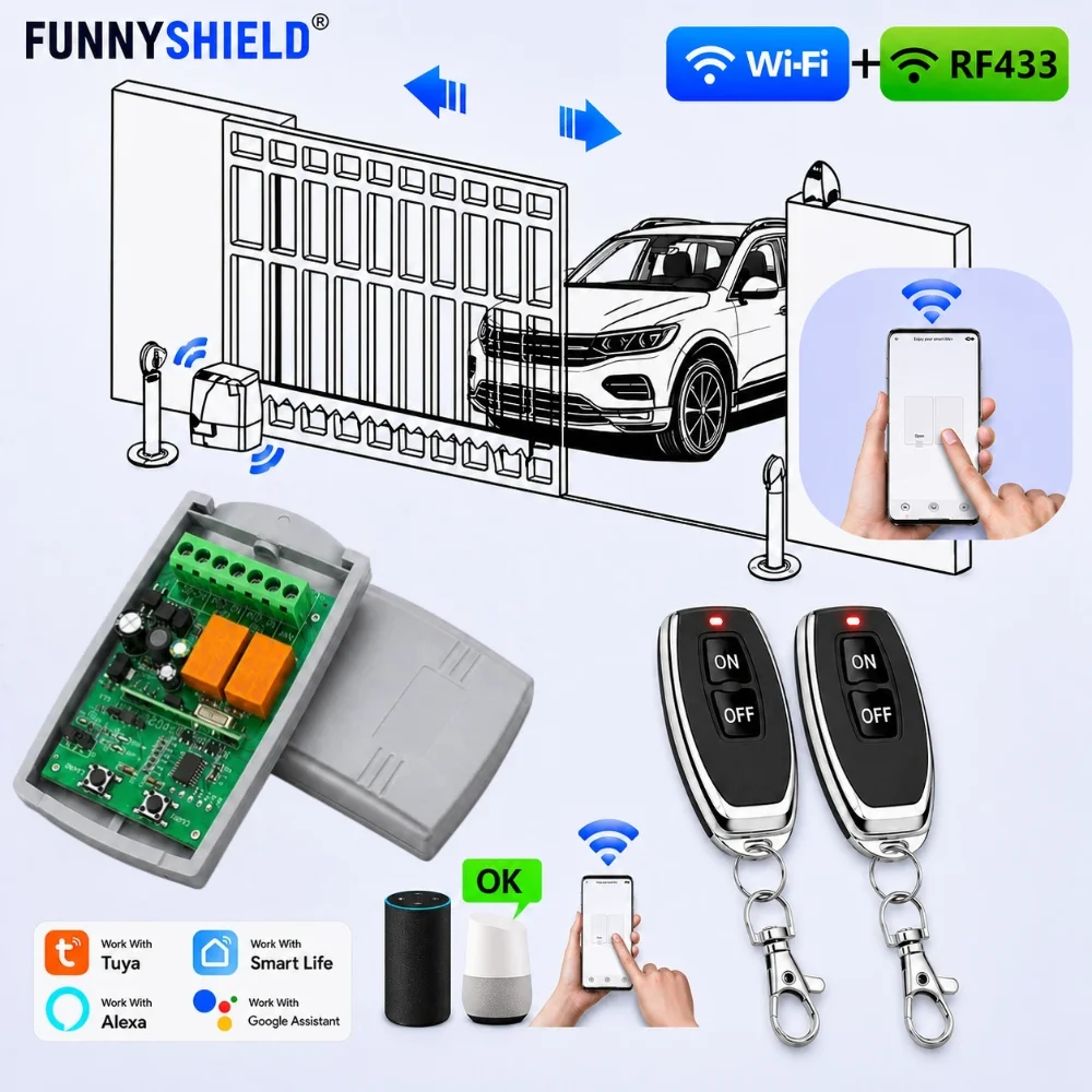 FUNNYSHIELD Tuya Smart WIFI Receiver 2CH 12V 24V Garage Door RF Remote Control Opener Controller Rolling Code 433Mhz Transmitter