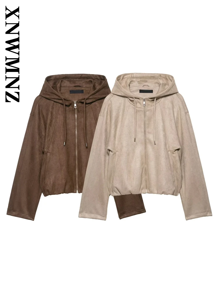 

XNWMNZ 2025 осеннее новое женское простое модное замшевое пальто с воротником с капюшоном и длинными рукавами, повседневная женская шикарная верхняя одежда на молнии