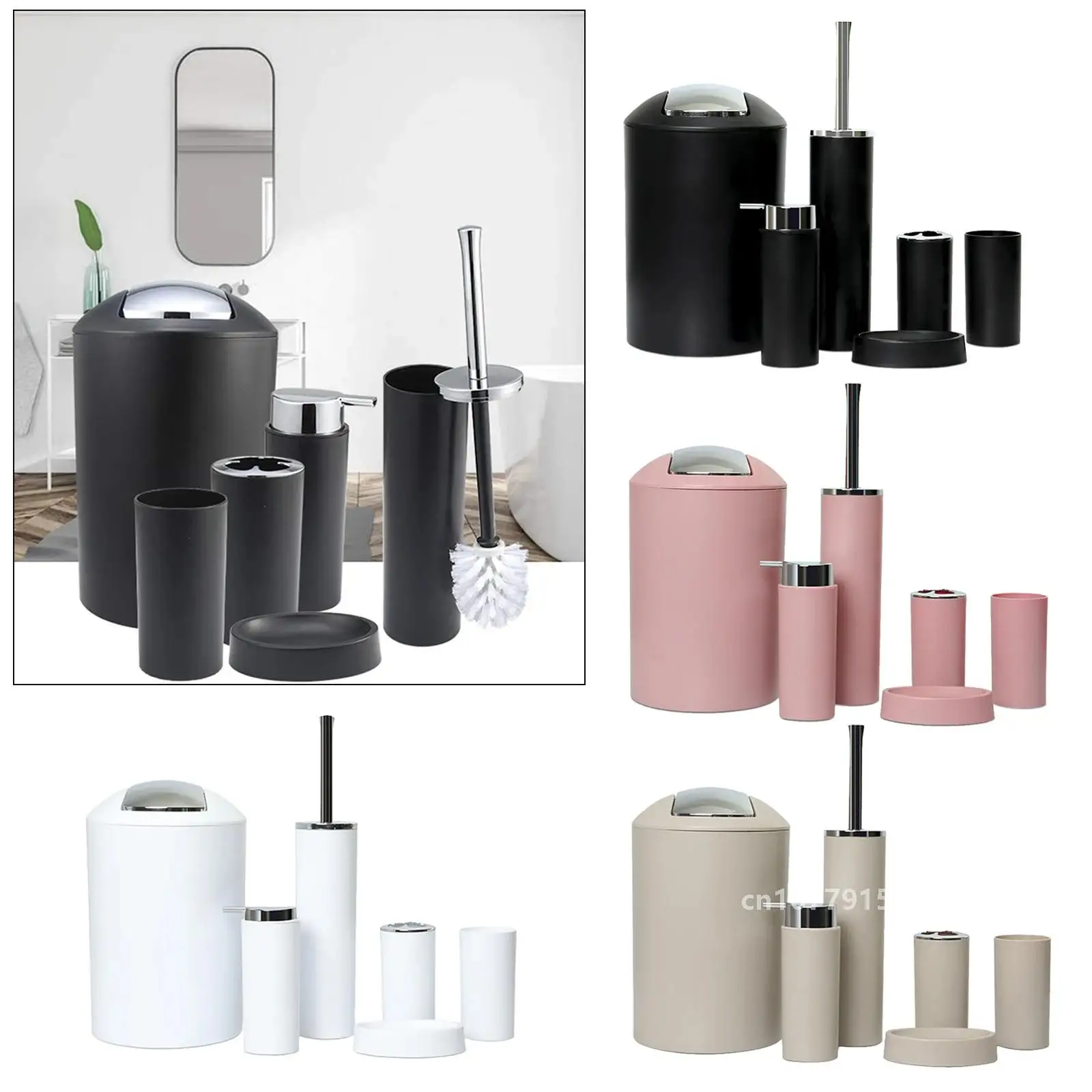 6Pcs Plastic Bathroom Accessories Set Bath Ensemble Soap Dish Trash Can Toilet Brush Necessities Brush Holder Trash Can Set