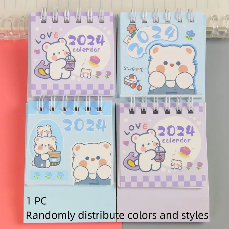 2024 Mini Desktop Calendar Cute Cartoon Astronauts Bears Rabbits Desktop Note Multi Style Coil Calendar Office School Supplies