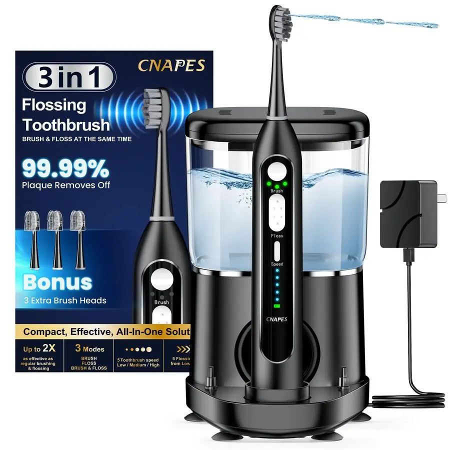 

Toothbrush with Water Flosser 3in1 Combo, Professional Sonic Toothbrush for Adults, 3 Brush Modes5 Floss Speeds, Rechargable, 2.