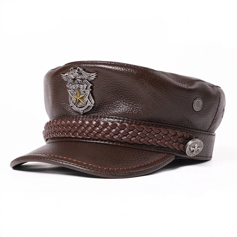 Genuine Leather Hat Motorcycle Gorras for Men Women German Casual Fashion Top Layer Cowhide Cap