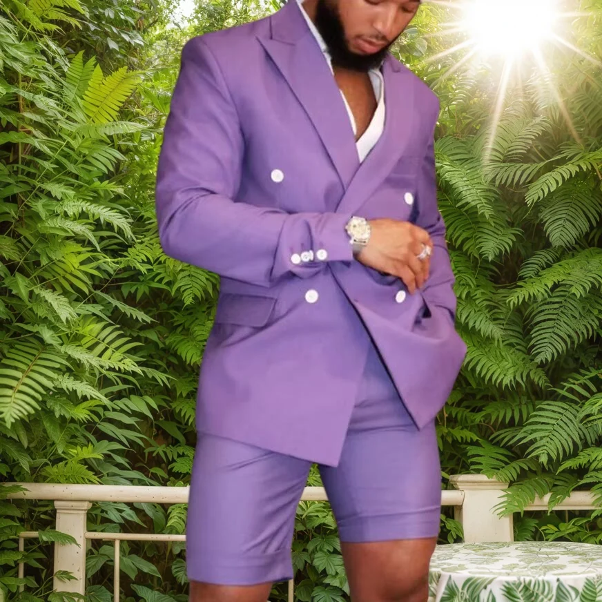 

Новый дизайн, фиолетовые костюмы для мужчин, тонкий пиджак, короткие брюки, двубортный комплект, смокинг жениха, мужской свадебный костюм (куртка + брюки)