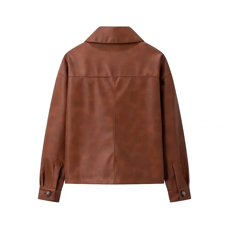 HH TRAF Women New Fashion Lapel Single-breasted Two-tone Leather Jacket Female Sexy Elegant Pockets Long Sleeve Coat Streetwear