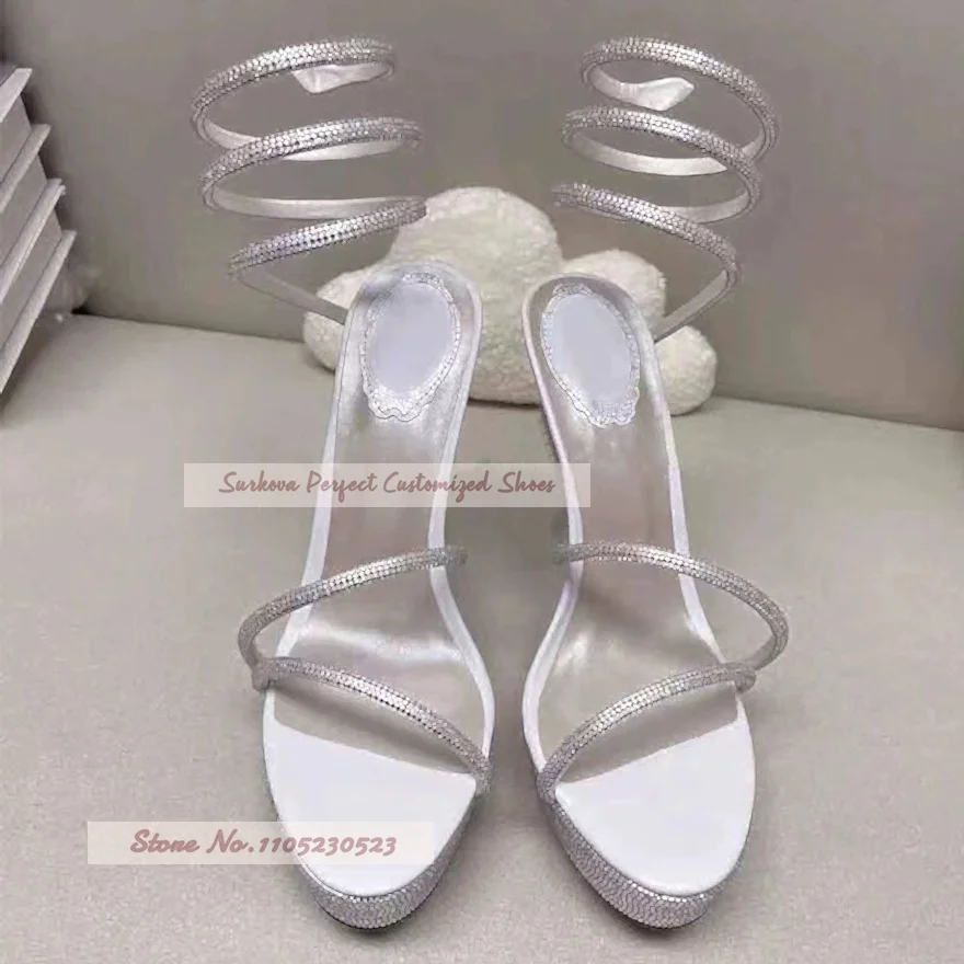 Bling Diamond Platform Heels Snake Twisted Crystal Wrap Around Ankle Strap Sandals High Stiletto Prom Evening Party Footwear