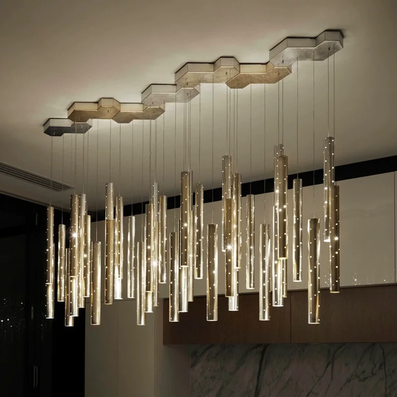 Nordic Gold metal Long tubes  Chandelier ceiling lustre Light-emitting diode LED dimmable for Living room Bedroom