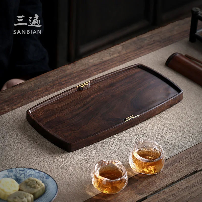 

★★Three Times Japanese Black Walnut Wood Pallet Dry Pour Tea Tray Household Rectangular Tea Set Wooden Tray