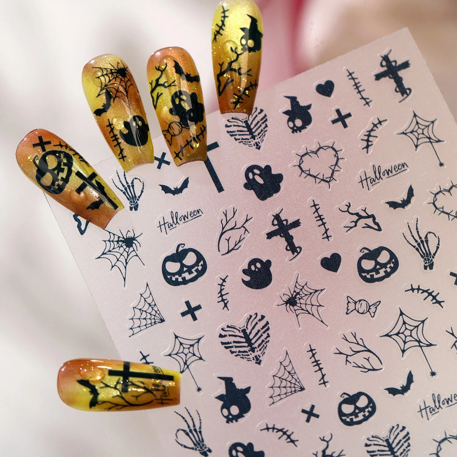 Gruselige 5D-Nagelaufkleber Halloween Schwarze Linien Skelett Kreuz Herz Totenkopf Kürbis Verwitterter Zweig Spinnennetz Palme Selbstklebende Abziehbilder