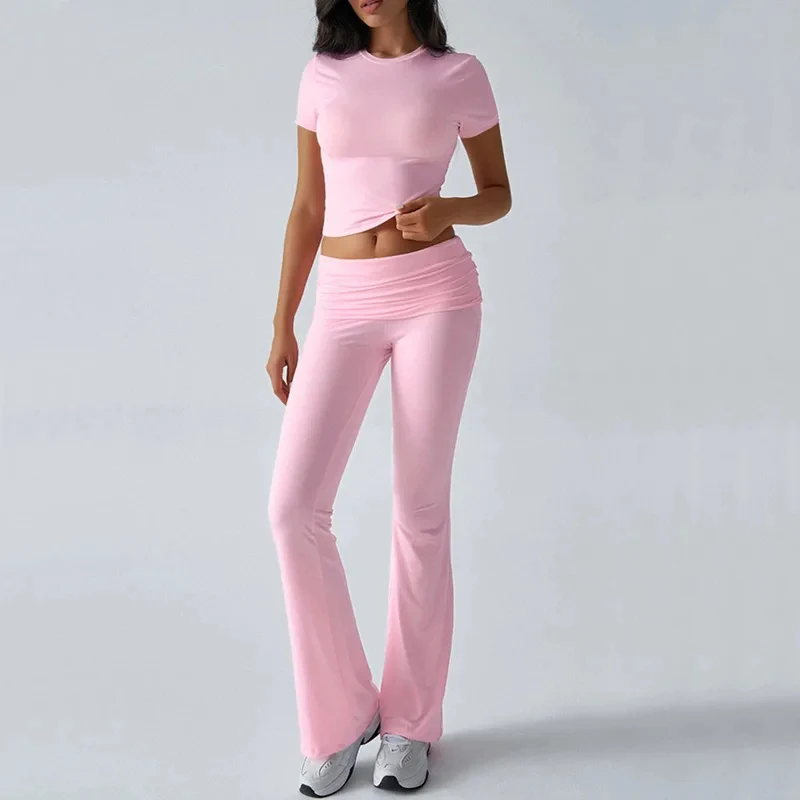 Fold 2PCS Yoga Set Women Short Sleeve Crop Top Fitness High Waist Flare Legging Fitness Suit Workout Gym Running Tracksuit XP117
