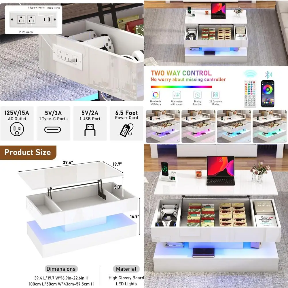 

Large 39.4 Modern LED Coffee Table with Lift Top and Storage for Living, Dining, and Home Office