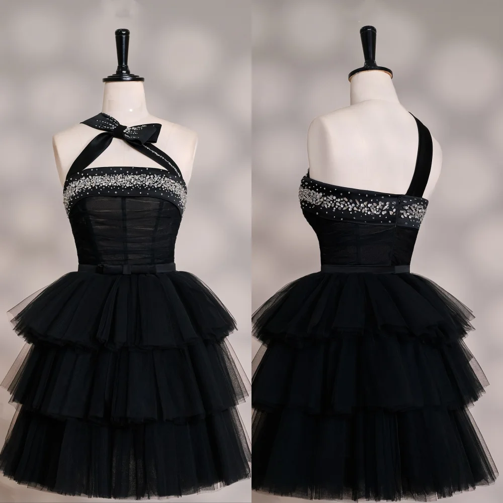 Customized Matching Intricate Tulle Tiered Rhinestone A-line One-shoulder Short Dresses Bespoke Occasion Dresses Sizes Available