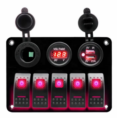 Hot Sale 5 Gang Control Switch Panel ABS Waterproof 12V-24V RV Caravan Accessories Marine Red LED Rocker Switch