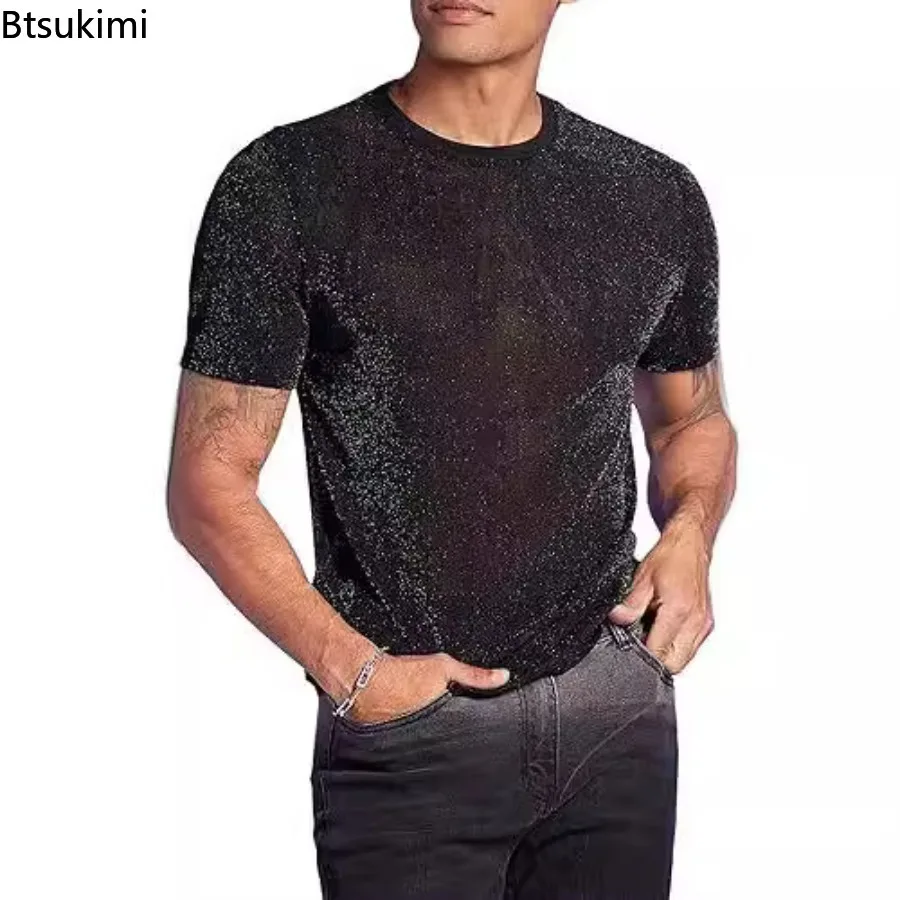 Men's Fashion Sequin See Through T-Shirts Summer Short Sleeve O-Neck Casual Tops Male Vintage Shinny Solid Color Slim T-shirt