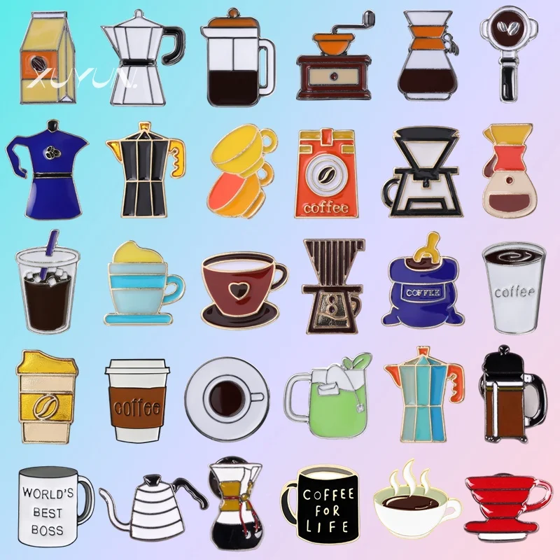

Mini Cartoon Coffee Tools Enamel Pins Cute Coffee Beans Fashion Coffee Cup Accessories Brooch Barista Badge Lapel Jewelry Gift
