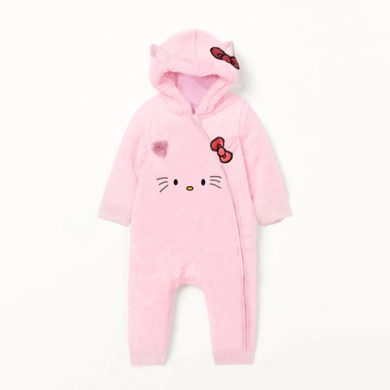 New Cute Mickey Mouse Baby Fleece Jumpsuit Warm Infant Minnie Hello Kitty Hooded Romper Kids Homewear for Autumn Winter