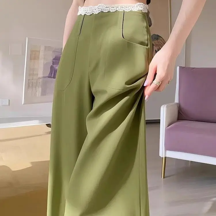 

High-end green wide-leg pants lace edge women's spring straight vertical casual pants 2025 new
