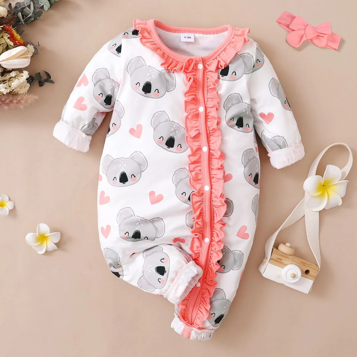 

PP PatPat 2pcs All Over Cartoon Koala Print White Long-sleeve Ruffle Snap-up Baby Jumpsuit Set
