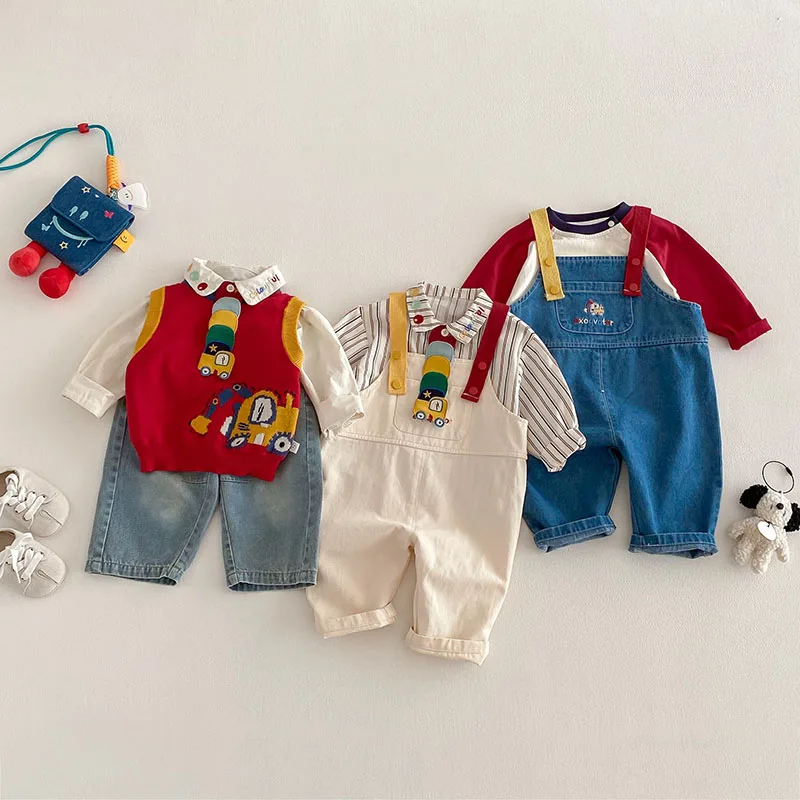 Spring Kids Shirts 9M-5T Cartoon Colorful Car Girls Blouse Engineering Vehicle Series Boys Clothes Children Pants
