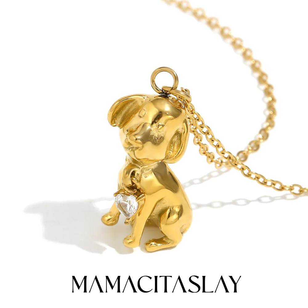 MamacitaSlay 316L Edelstahl-Halskette mit niedlichem Hundeherz und Zirkon, 18 Karat vergoldet, wasserdicht, Halsschmuck für Frauen, für den Alltag