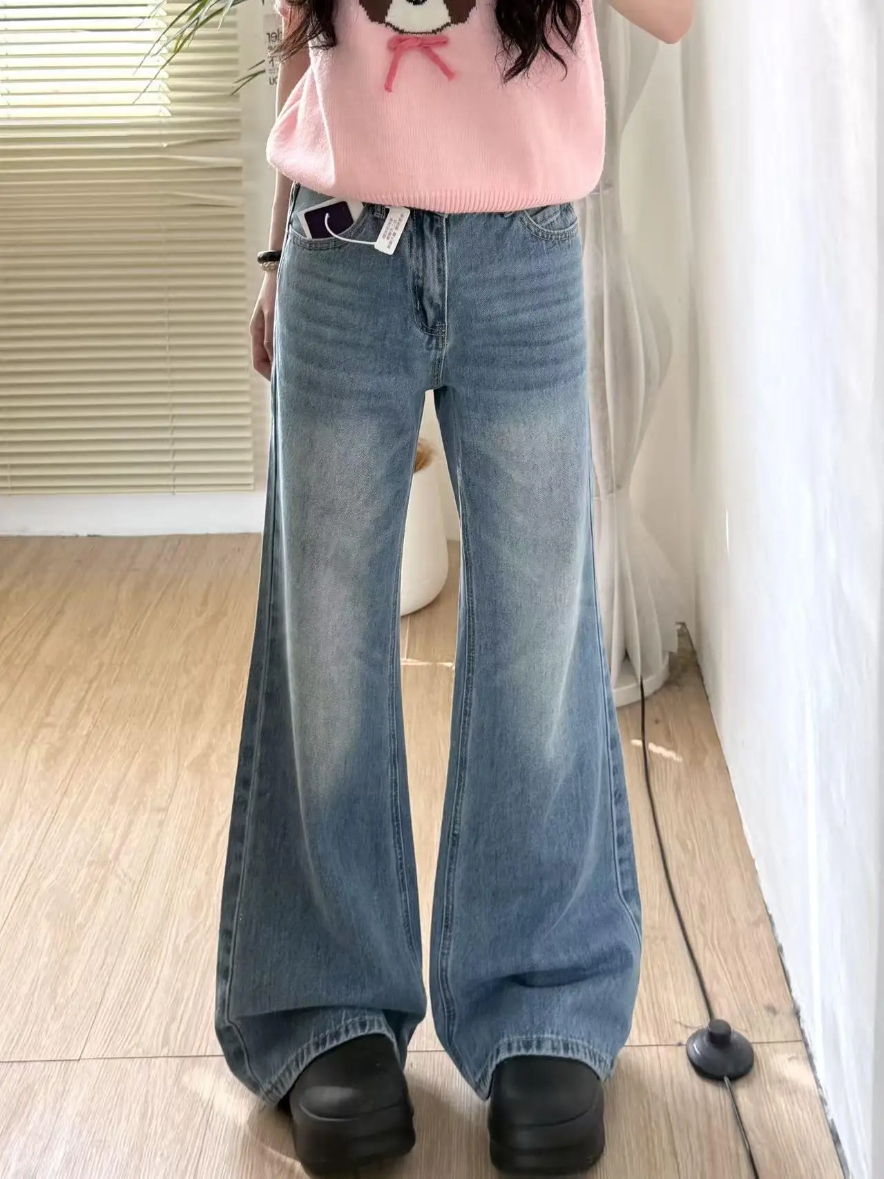 

High Waist Wide Leg Jeans Women's American Retro Flared Denim Pants Summer New Street Pocket Embroidery Straight Leg Trousers