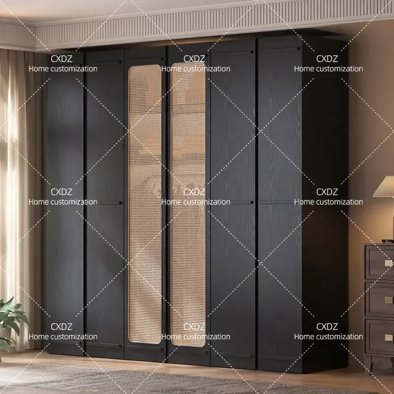 Solid Wood Oak Antique Black Wardrobe Rattan Skeleton Line Simple Storage Cabinet for Bedroom Small Apartment Household